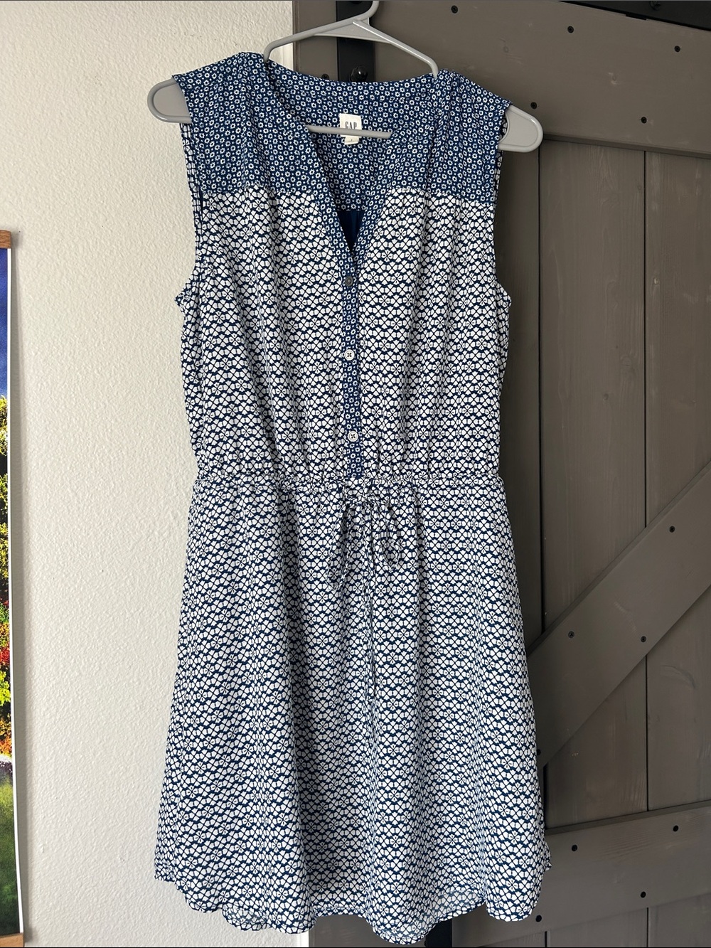 GAP Navy and White Sleeveless Button-Front Drawstring Dress